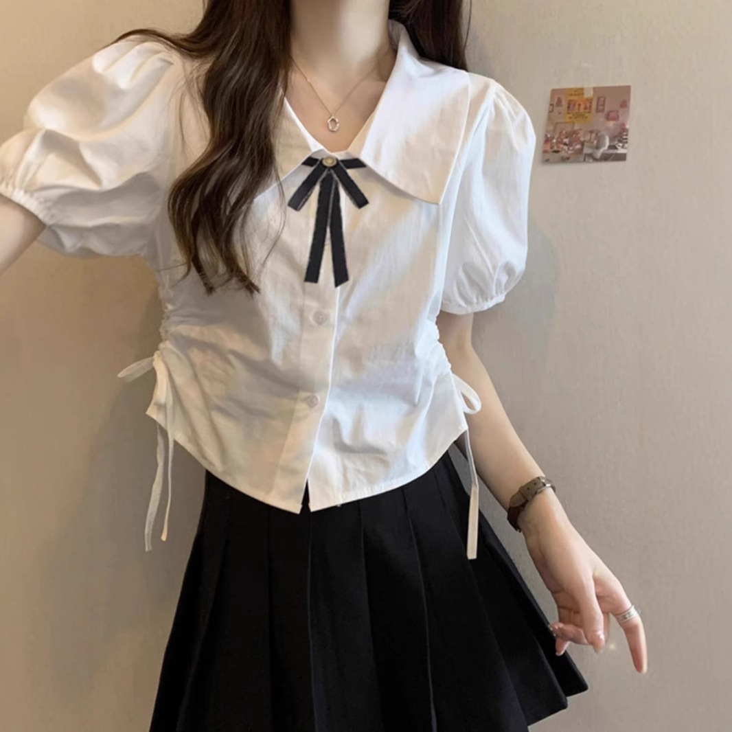 收腰衬衫女夏季短袖jk制服套装绑带白色衬衣学院风短款泡泡袖上衣