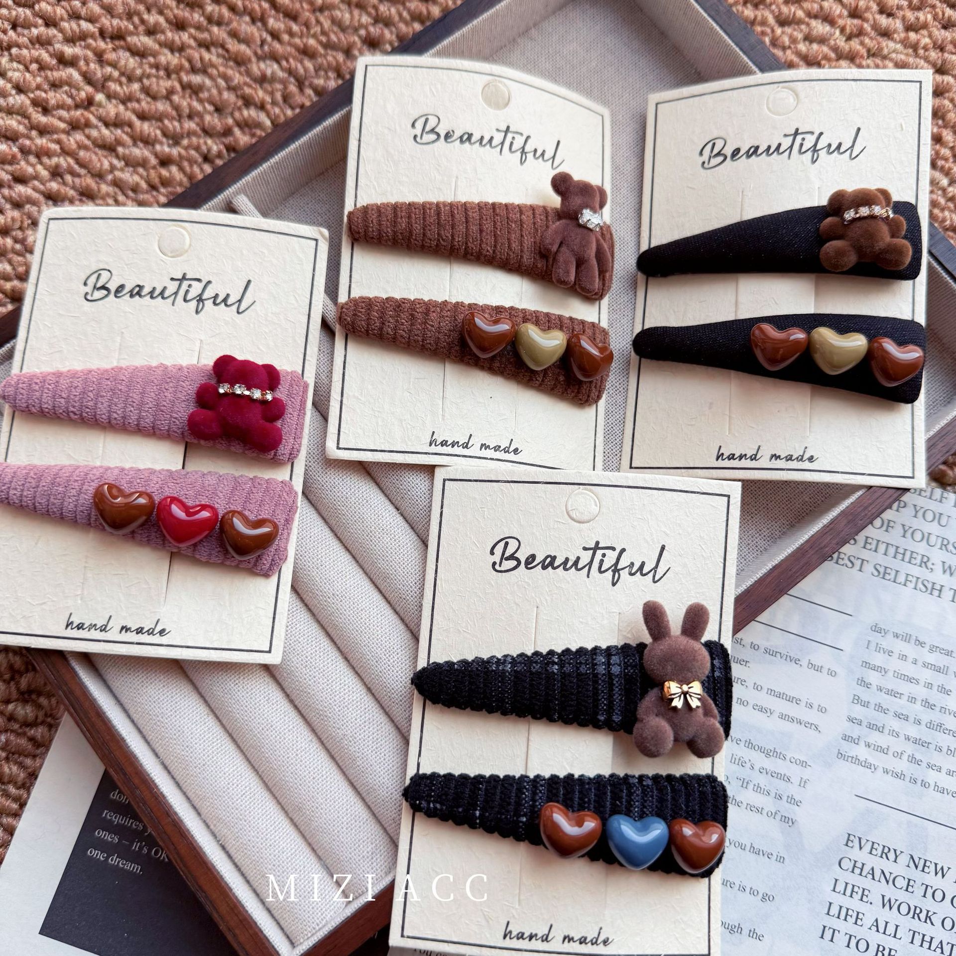 秋冬学院风布艺格纹发夹卡通可爱立体小熊BB夹后脑勺甜美发夹头饰