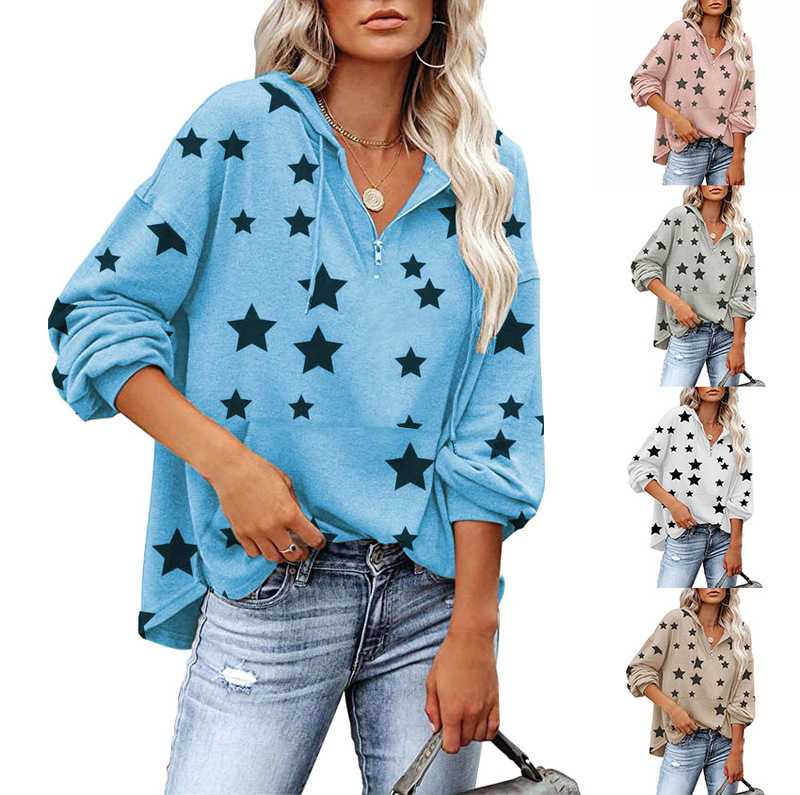 2022 European and American women's sweater autumn and winter New zipper hooded women's top with pocket five-pointed star printed long sleeve