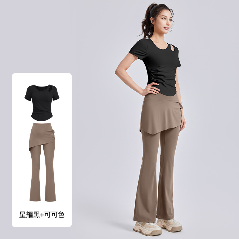 Juyitang Ropa de yoga hueca Camisa deportiva delgada de manga corta para mujer Traje de fitness de Pilates de entrenamiento para correr