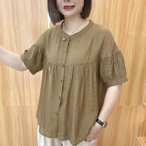 Pure Color Hong Kong Style Short Sleeve Shirt Summer New Cotton Linen Open Front Blouse Literary Retro Stylish Plus Size Women's Fashion