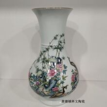 景德镇陶瓷现代山水寿桃瓷陶薄胎大插花36CM摆件博古架可加工代发