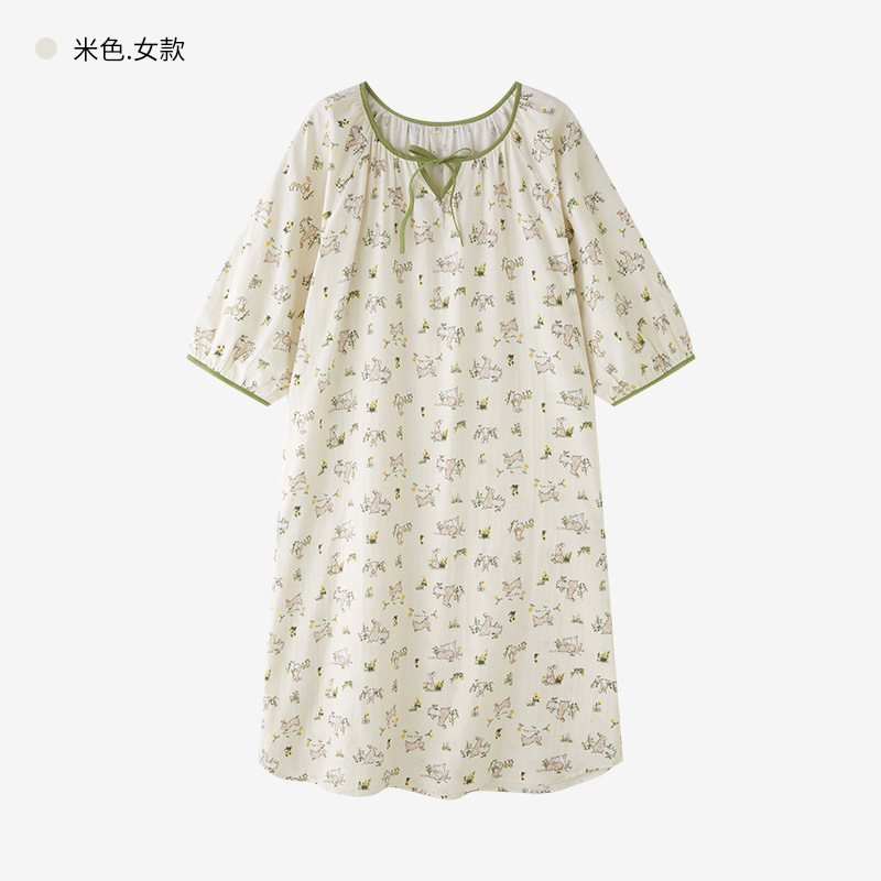 かわいい多62-フレンチパジャマ女性夏純綿ガーゼパジャマ七分袖ゆるい大サイズ綿妊婦ロングスカート
