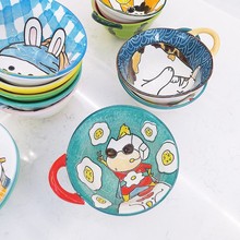 日式卡通萌趣大吉大利儿童陶瓷单耳碗家用餐具防摔碗瓷碗批发