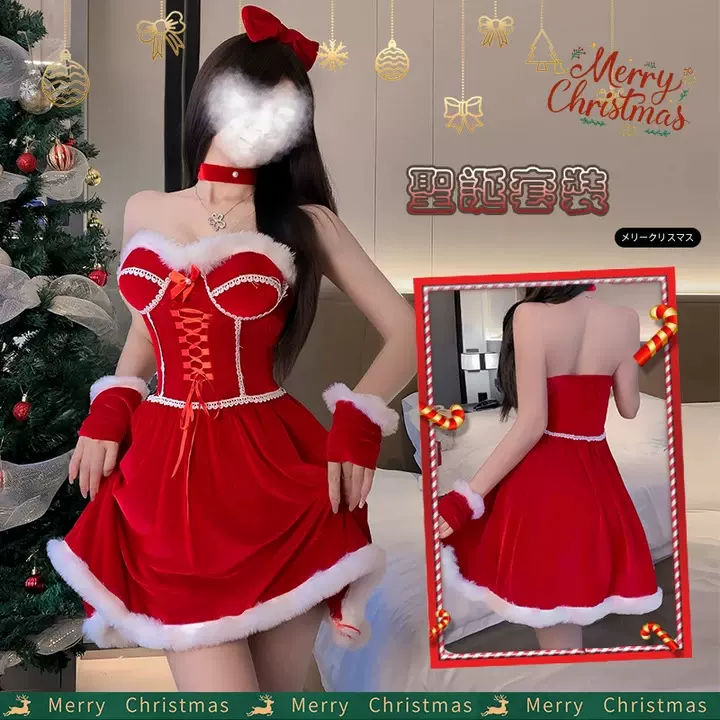 圣诞节兔女郎cos服装氛围感穿搭纯欲风甜美丝绒抹胸红色连衣裙女