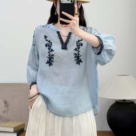 2026夏季新款苎麻重工刺绣T恤衫女文艺纯色九分袖V领宽松衬衣小衫