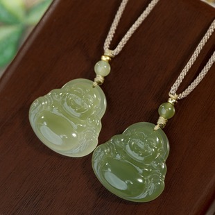 Qingshui Hetian Jade Buddha Pendant Maitreya Buddha Big Belly Buddha Woolen Chain Necklace Women's Woven Lanyard Jade