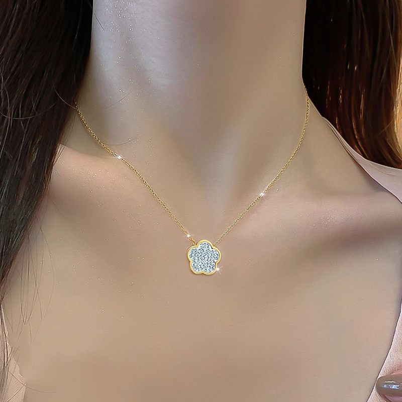Collier fleur en or véritable avec cristaux pour femme_voghion.com