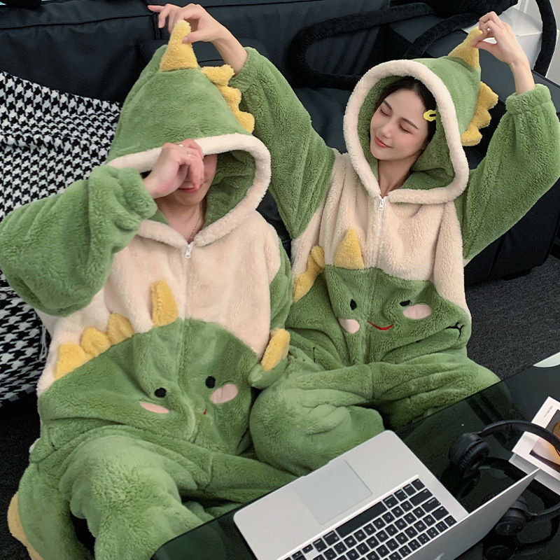 Couple's one-piece pajamas women's winter thickened coral fleece cartoon dinosaur cute men's plus size flannel homewear