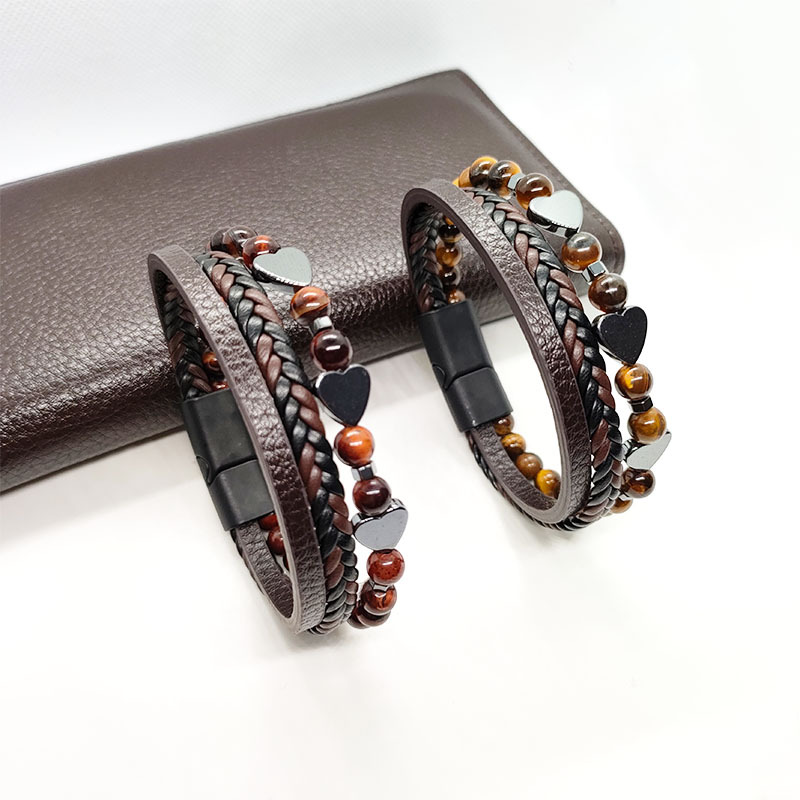 29g Weight Bracelets Classification Leather Rope Chain Material Twisted Rope Chain Chain Type 1 Piece Quantity Holiday, Daily Occasion Alloy, black gallstone Material Heart Shape Pattern All Seasons Season Men's Gender Retro Style Retro Heart Shape Alloy Black Gallstone Men's Bracelets Men Cord & Leather Bracelets 5