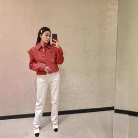 2025早春新款南油cha小香风双翻盖口袋粗花呢飞袖翻领洋装外套女
