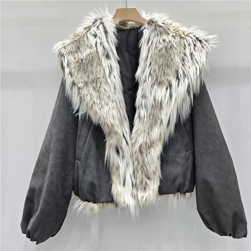 Estación europea de invierno 2025 nueva chica americana estampada leopardo gran peludo collar interior chaqueta de abrigo corto de algodón