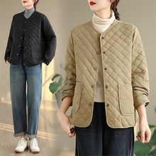 韩版外贸日系格纹撞色夹棉棉服外套女秋冬季棉袄上衣女