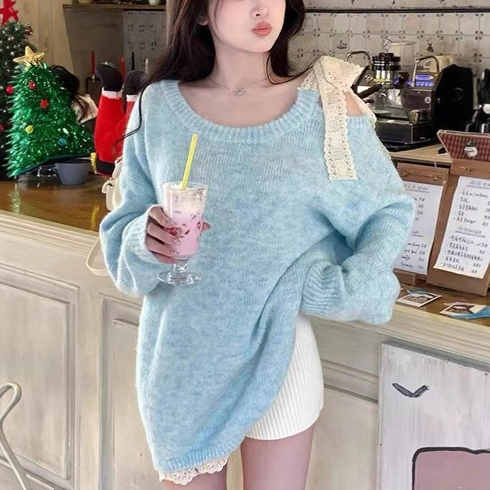 Gentle Ladylike Style Lace Bow Tie Long-Sleeved Sweater for Women Spring & Fall Lazy Style Loose Slimming Look Warm Top