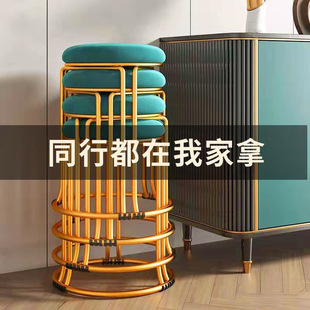 Wholesale Nordic Stools for Home Use, Light Luxury Steel Stools, Simple Internet Celebrity Fabric Thickened High Round Stools, Fashionable Gold Dining Table