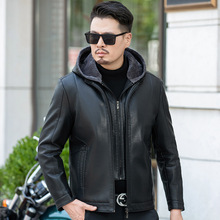 专柜真皮皮衣男中年连帽休闲绵羊皮皮夹克加绒加厚皮毛一体冬外套