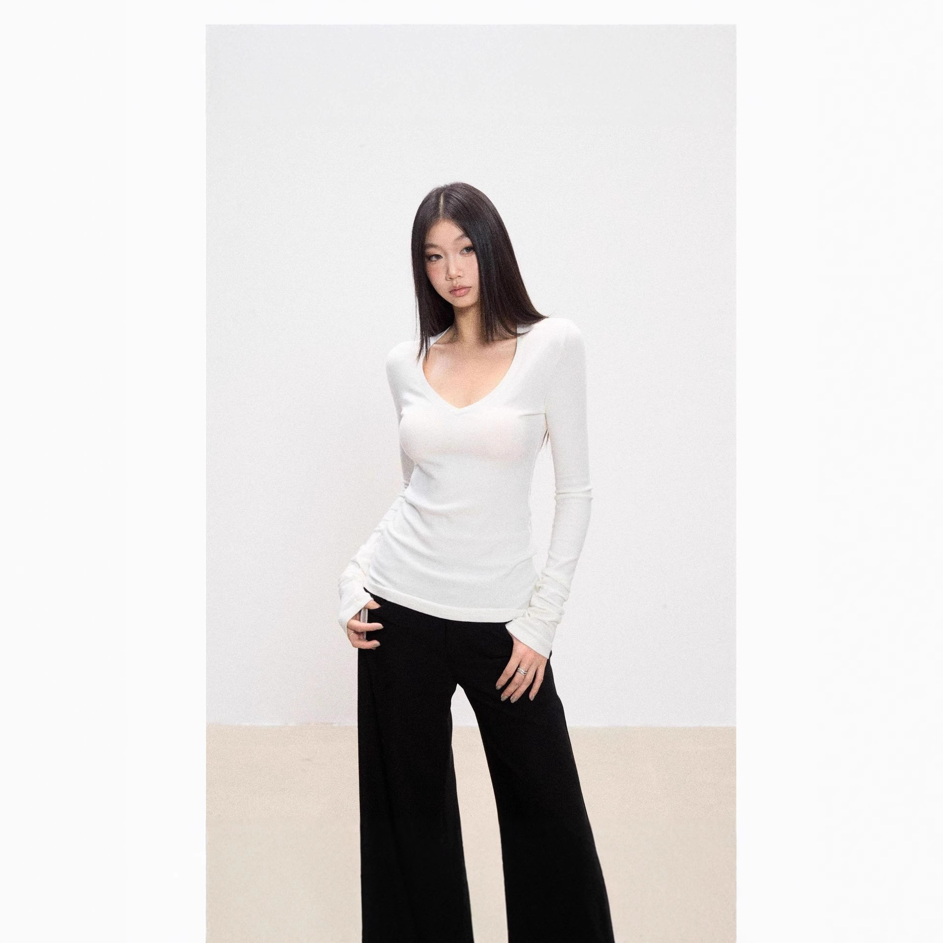 Trendy Basic V-Neck Long-Sleeve T-Shirt Dopamine Spring and Autumn Slim Fit Thermal Base Top