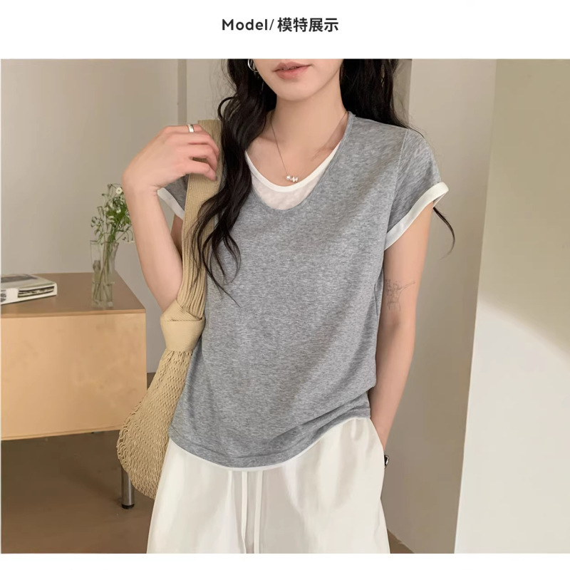 Tencel Faux Two-Piece T-Shirt for Women 2026 Summer Thin Breathable Large U-Neck Short-Sleeve Top Women's Snowflake Cotton Snowflake Cotton