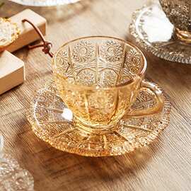 欧式复古浮雕太阳花咖啡杯套装家用玻璃杯碟水杯早餐杯批发茶具