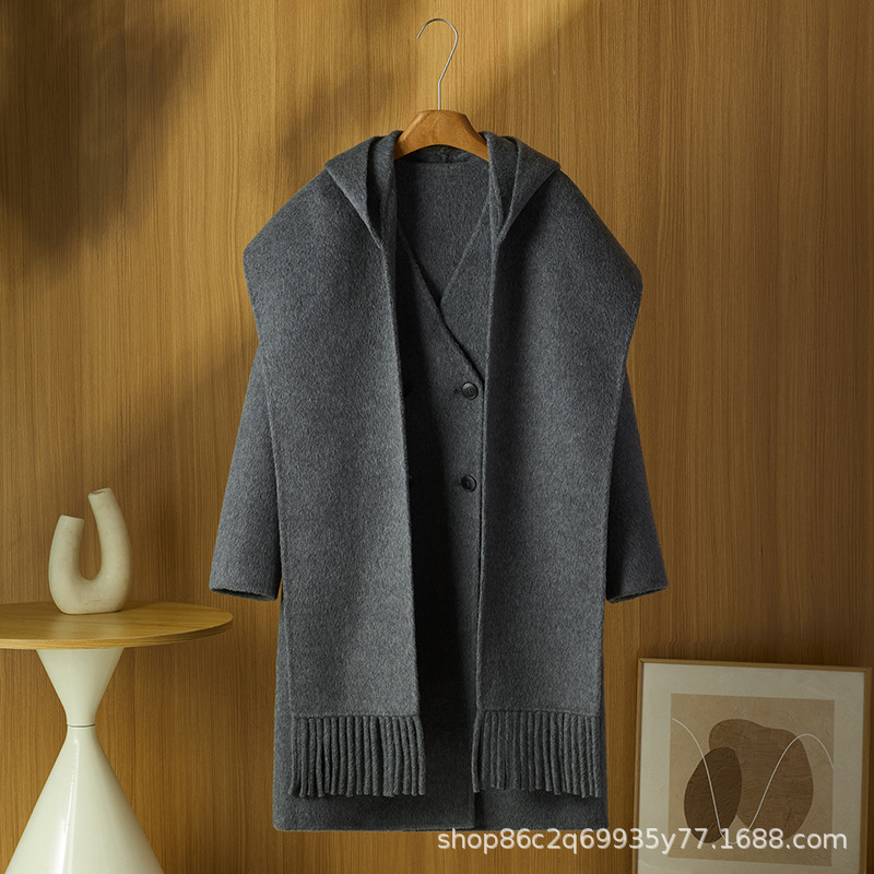 2026 New Korean Style Double-Breasted Detachable Scarf Reversible Loose Wool Coat Casual Women's Jacket