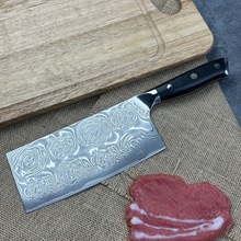大马士革钢酸洗玫瑰纹菜刀超快锋利家用切片刀厨师专用刀切肉刀具