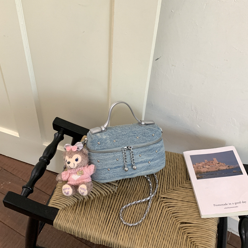 Jeans diamantes remaches mini bolso retrógrado estilo extranjero bolso de transporte diario personalidad de moda bolsa de viaje universal