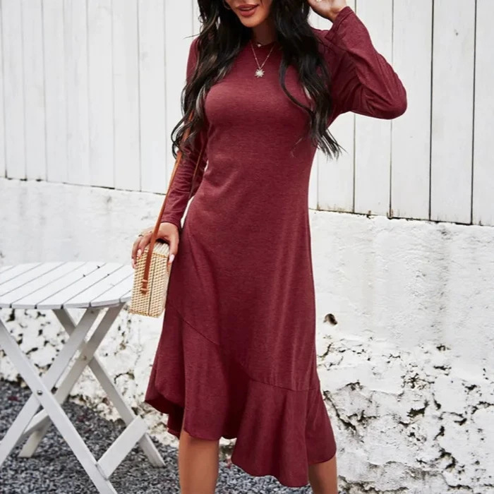 2026 European and American cross-border Amazon best-selling women's long-sleeve round-neck casual dress with slit and asymmetrical design