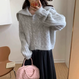 高领毛衣外套女2026秋冬新款宽松慵懒风翻领外穿上衣针织开衫批发