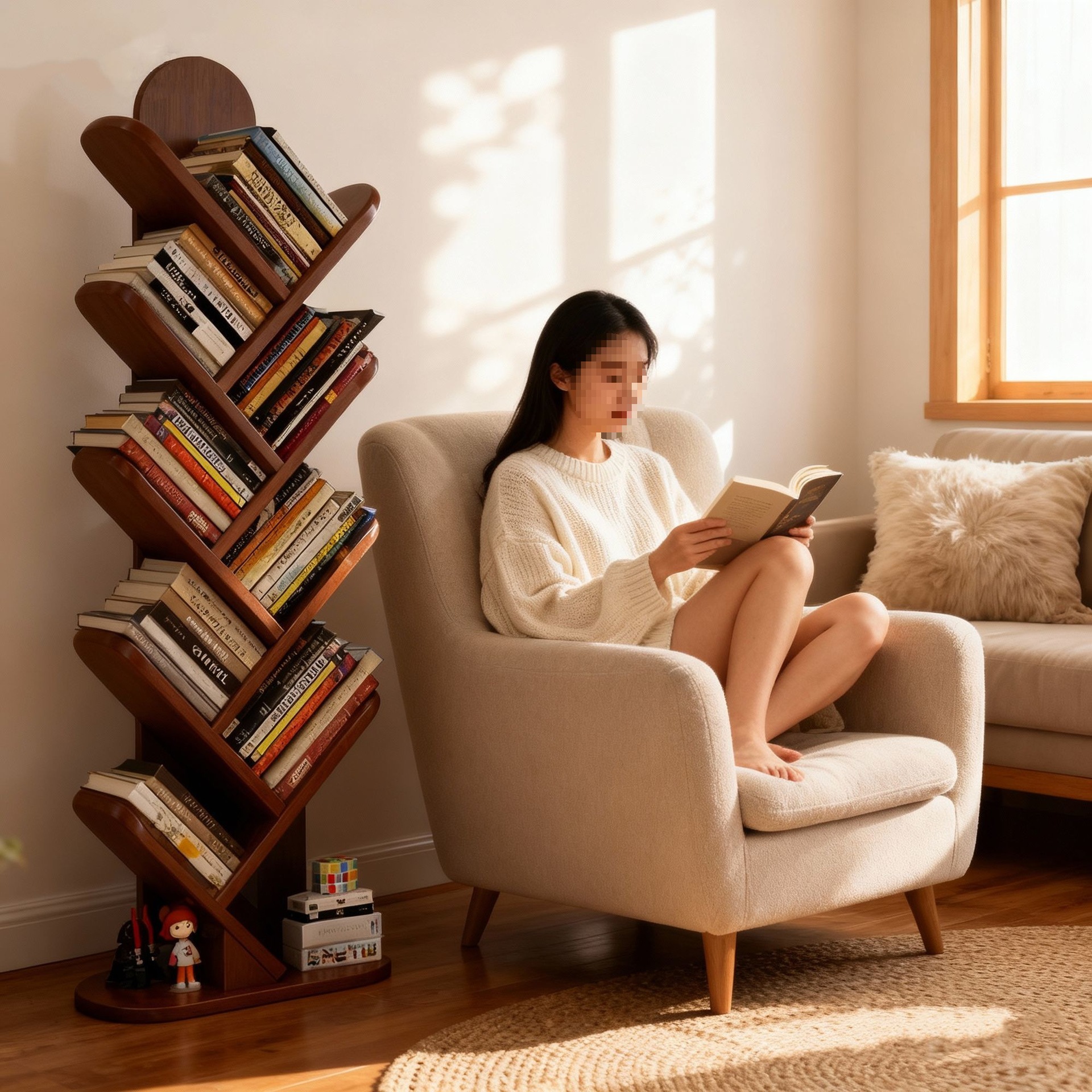 Solid Wood Tree-Shaped Bookshelf Floor-Standing Storage Rack Against the Wall Living Room Integrated Storage Wall Corner Home Corner Children's Bookcase