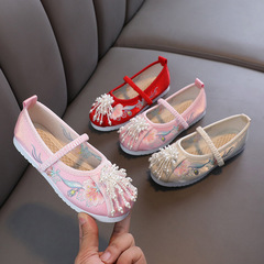 Hanfu embroidered shoes for girls, old Beijing cloth shoes, ethnic style, ancient costume embroidery shoes, cowhide soles, children's dance shoes, kids' shoes