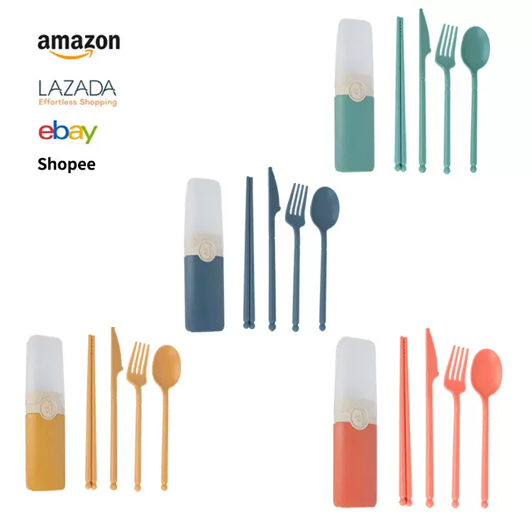 跨境亚马逊小麦秸秆筷子勺子套装叉子学生户外野营便携餐具三件套