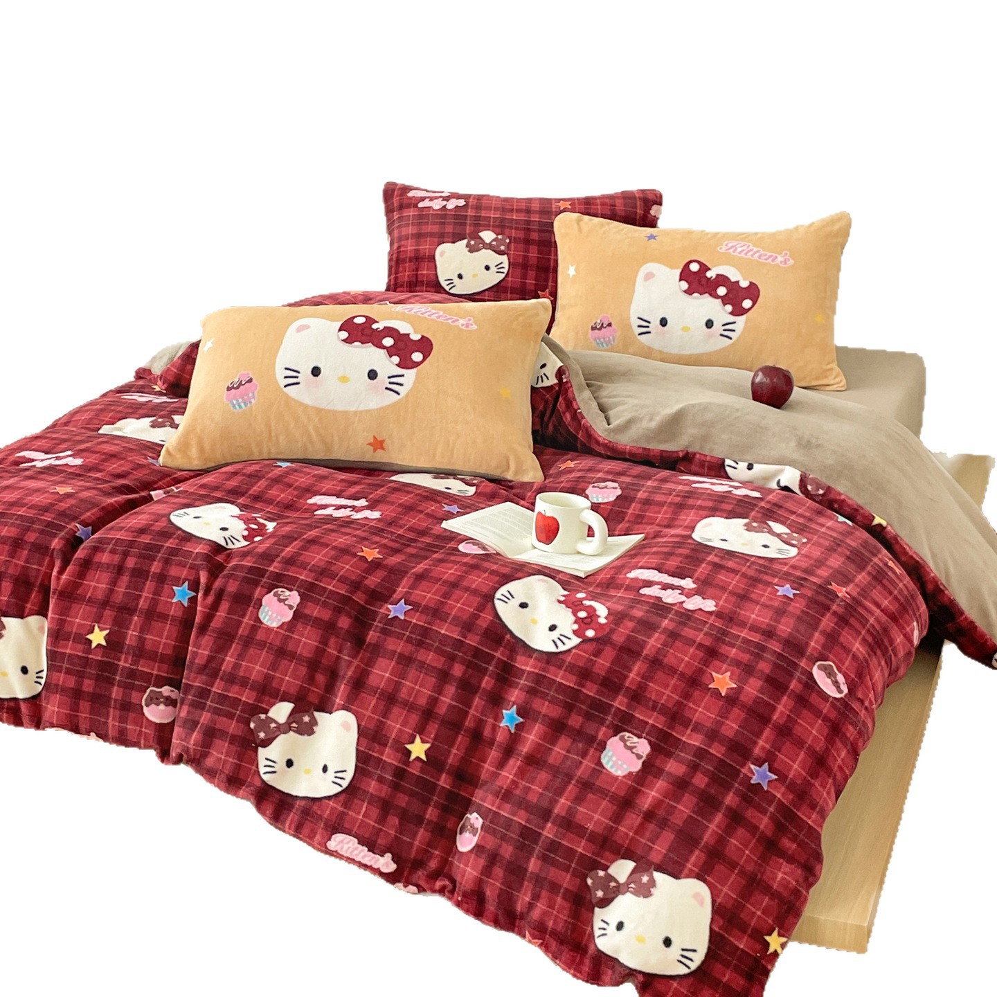 Cuatro piezas de terciopelo de leche de dibujos animados retro grueso calentamiento terciopelo de coral encantador dormitorio cubierta de cama de tres piezas de cuatro piezas cubierta de edredón