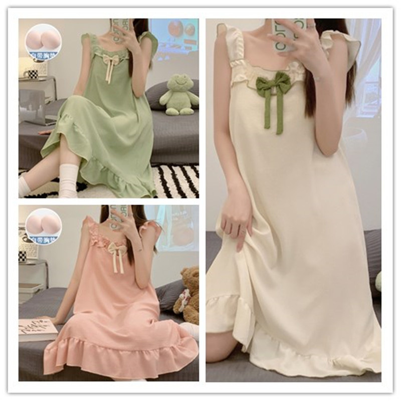 2023 camisón de verano de las mujeres delgadas dulces con volantes burbuja de algodón vestido MIDI con almohadilla en el pecho vestido de casa al por mayor