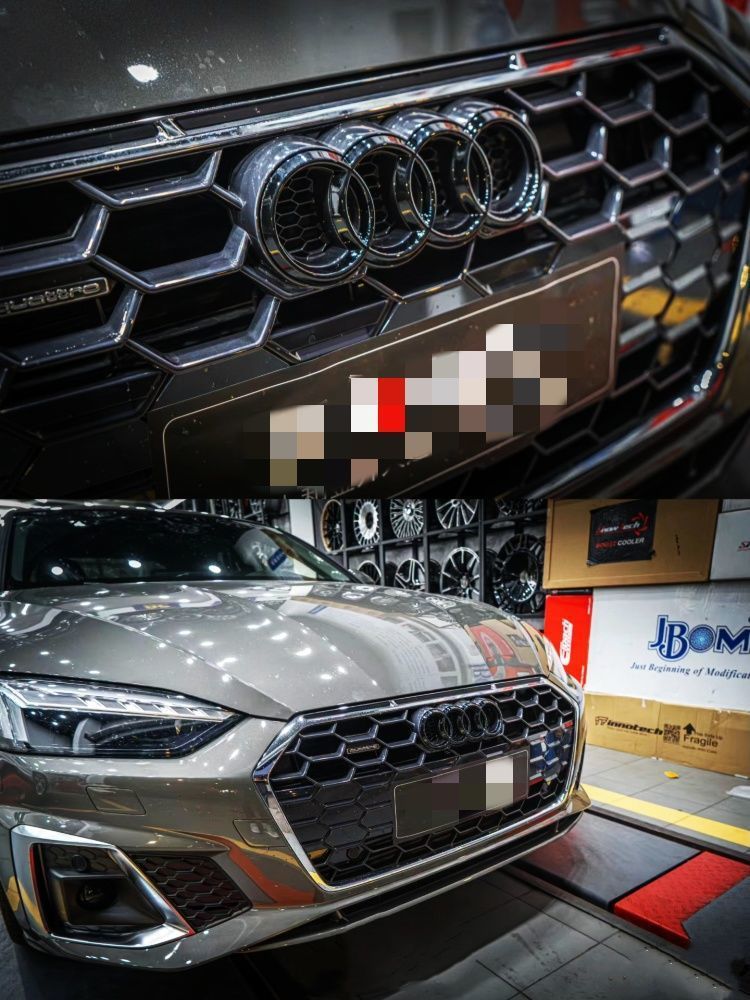 Audi black car emblem, A5 modified with four-ring lettering, four-wheel drive, 35TFSI engine, sporty body, and digital car emblem sticker