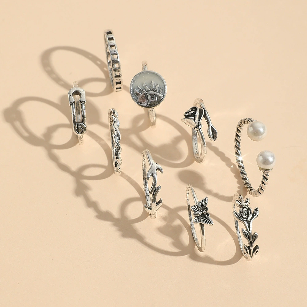 Retro pearl ring set, European style, silver-color stackable rings, multi-piece design