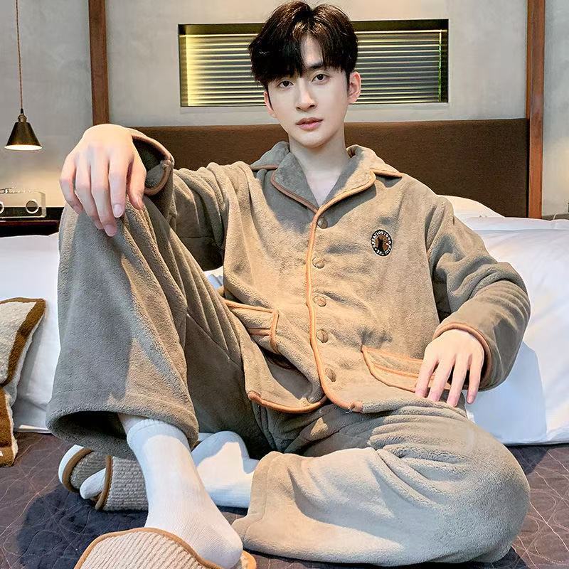 Simple otoño y invierno de hombre coral camisa de pijama de camisa de manga larga larga tamaño grande con camisa de franela cálida ropa de invierno