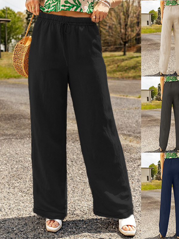 Women Loose Wide Leg Trousers Cotton Black Summer