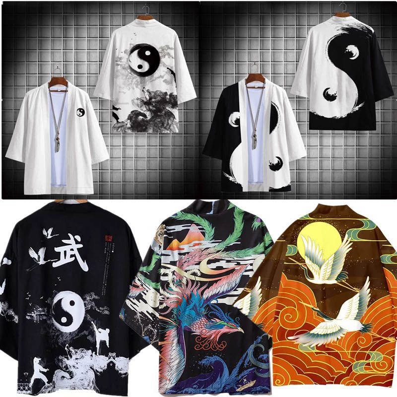 Ukiyo-e китайский стиль кимоно с драконом и фениксом, свободный кардиган с рукавами три четверти, халат с перьями