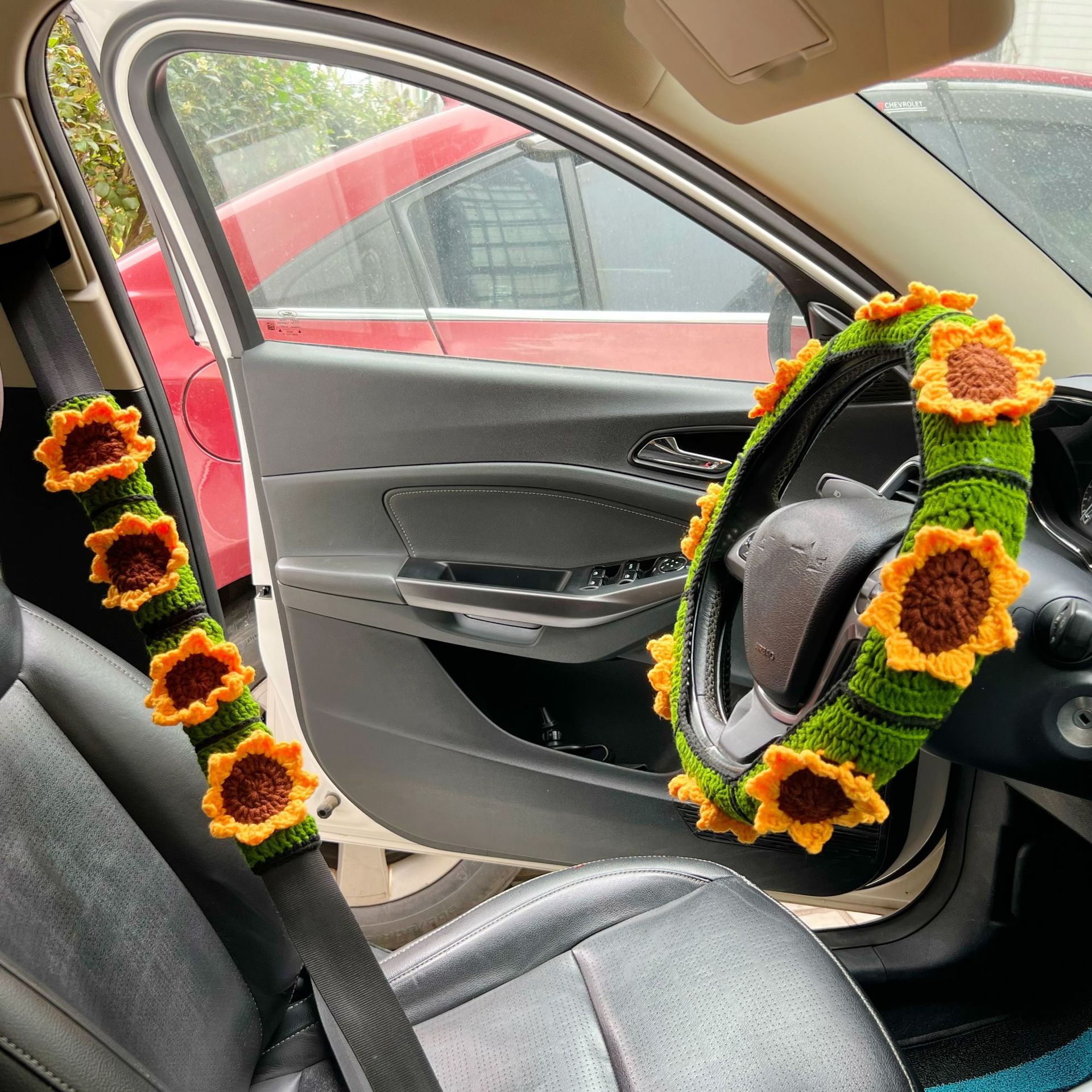 Cross-Border Car Interior Handmade Crochet Sunflower Rose Flower Decoration Steering Wheel Cover Warm Seat Belt Cover