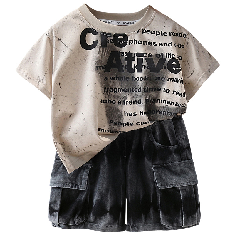 7374 Traje de manga corta para niños 2025 Nueva ropa de verano para niños Camiseta de teñido anudado de estilo occidental Ropa de marca de moda hermosa de verano 6