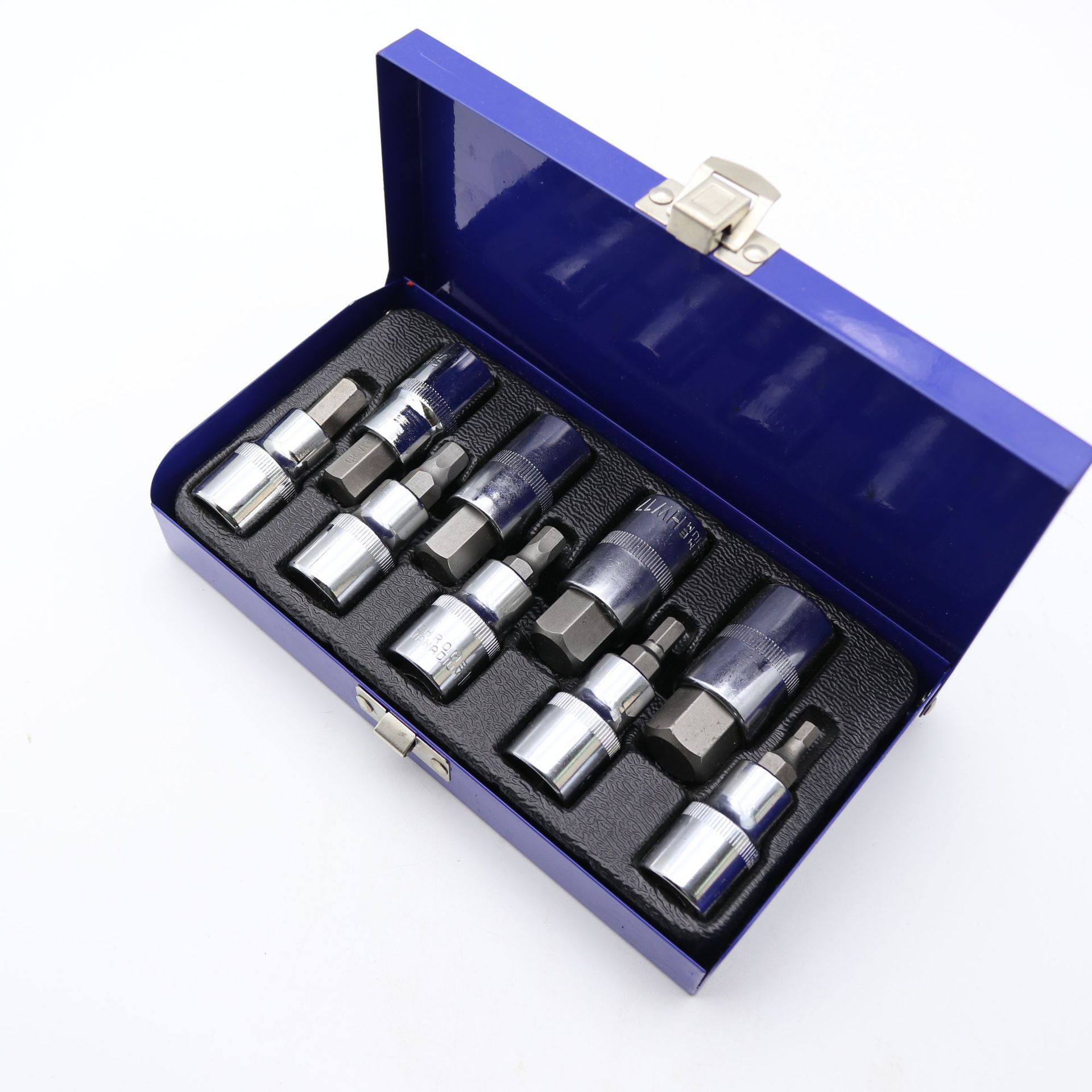 9 piezas de caja de hierro de color real, especificaciones del conjunto de manga de prensado de lote, cabeza de lote hexagonal hexagonal, prensado de lote hexagonal