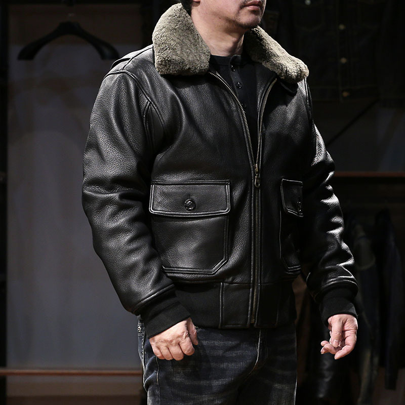 Men’s Genuine Goatskin G1 Bomber Jacket – Detachable Wool Collar, Vintage Flight Style (S-2XL)_voghion.com