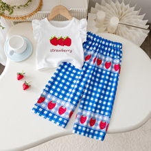童装小清新甜美女中小童草莓字母印花飞袖短袖+格纹印花长裤套装