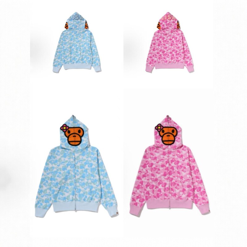 BAPE co-branded cartoon hooded sweatshirt for women, pink and blue printed jacket, casual loose fit, trendy brand, spring and autumn style BAPE co-branded cartoon hooded sweatshirt for women, pink and blue printed jacket, casual loose fit, trendy brand, spring and autumn style