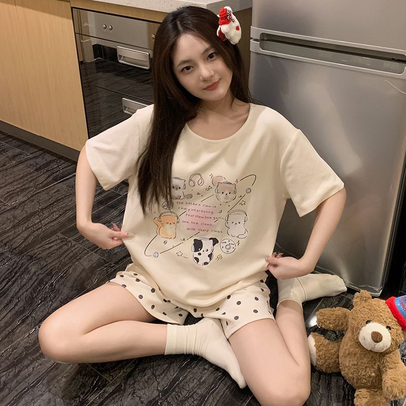 Verano transfronterizo nuevo pijama mujer imitación algodón cuello redondo jersey pantalones cortos de manga corta lindo dibujos animados cómodo traje de servicio a domicilio
