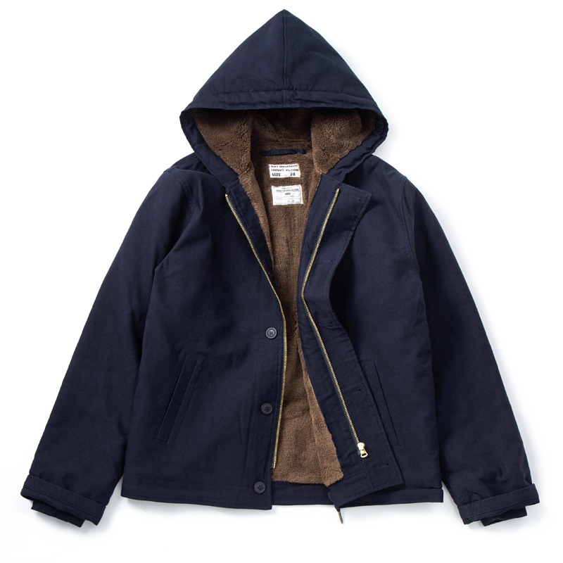 Ropa de trabajo retro de invierno ropa de algodón acolchado al aire libre N1 ropa de cubierta de moda forrada de lana engrosada ropa acolchada de algodón de los hombres abrigo de lana de cordero con capucha