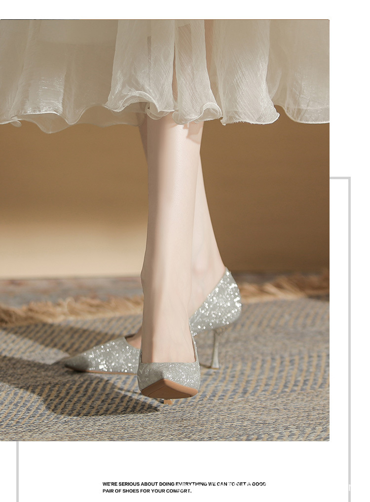 Giày cao gót mũi nhọn Jingang CG6007 gót nhọn 9 cm, đính pha lê, kiểu cô dâu mùa hè — Màu Sâm panh chi tiết 12