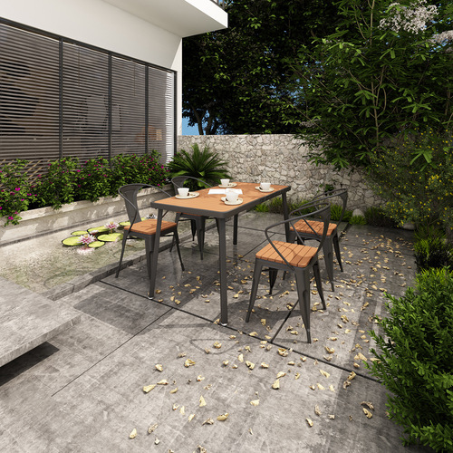 Hollywood-style outdoor furniture set for trendy bubble tea shop, park courtyard, open-air café, including four-person table and chairs made of recycled plastic wood