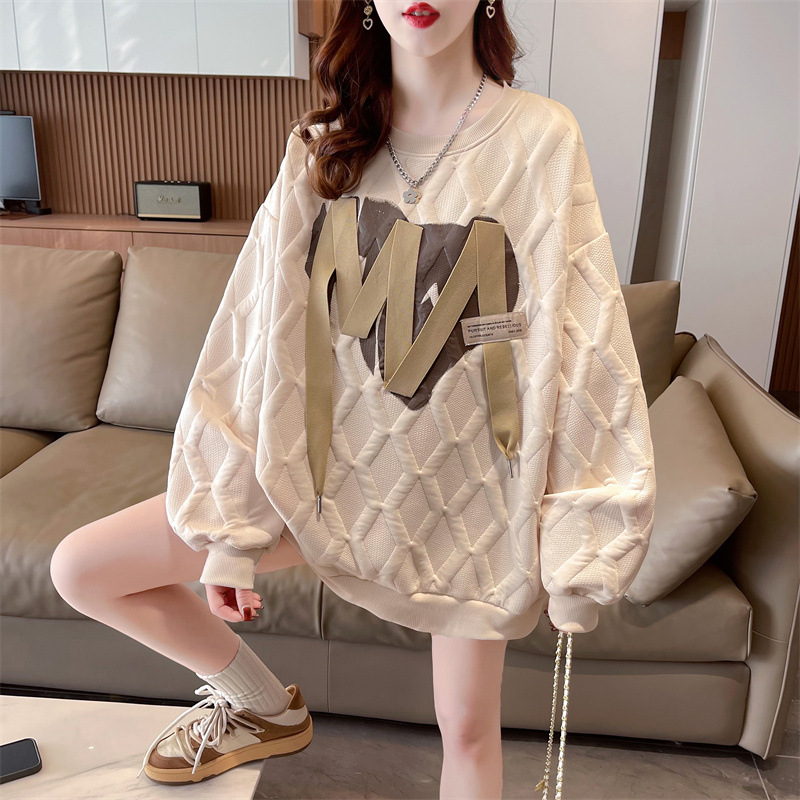 Damenbekleidung High-End-Frühling und Herbst, lockerer BF-Jacquard-Pullover mit mittellanger Länge, Nischendesign, Band, dünnes langärmeliges Oberteil_voghion.com