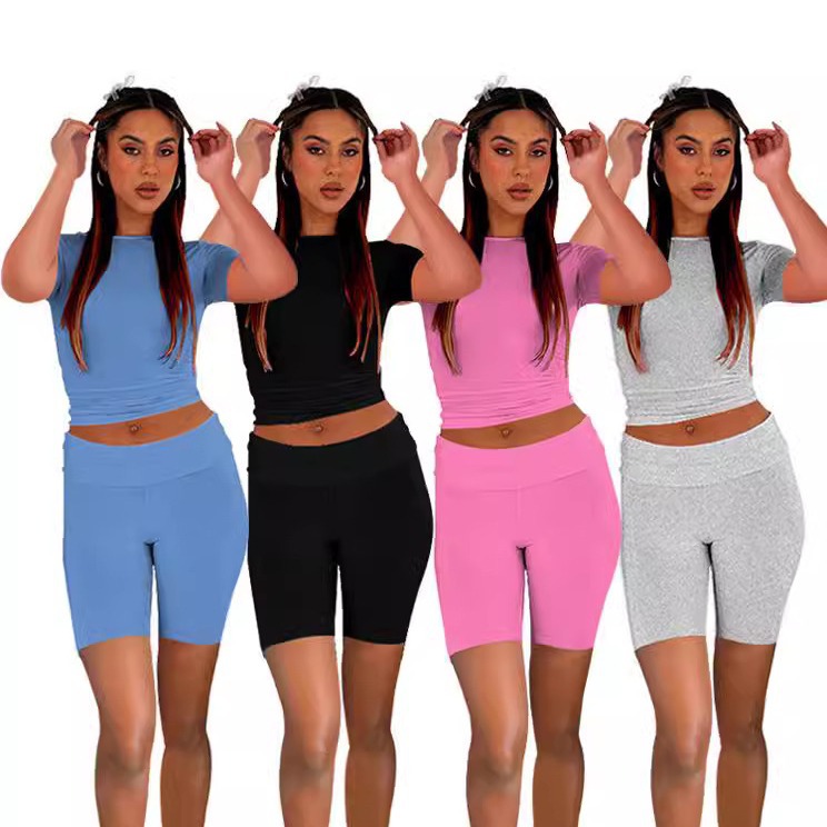 Women's Casual Short Sleeve Top + Roll-Up Shorts Set – Trendy Two-Piece Outfit (Black/Light Gray/Blue/Pink, S-Xl)_ecoleips.com